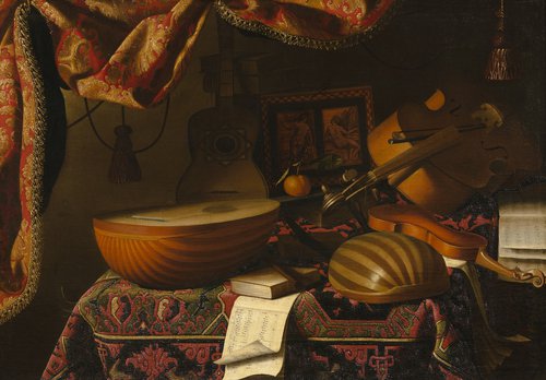 Stilleven met violen, luiten, gitaar, harp en globe Vervaardiger   Bettera, B.  Vervaardigingsdatum   1639 - 1800  Beschrijving   Stilleven met violen, luiten, gitaar, harp en globe  Identificatie   NK2134